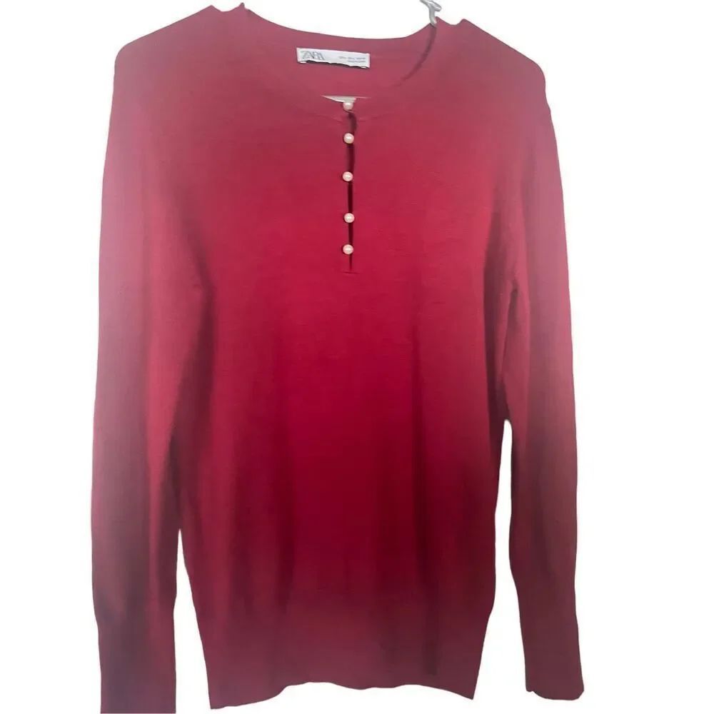 Zara Women's Red Long-Sleeve Half-Button Sweater Large